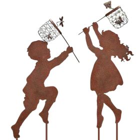 1 Pair Boy Girl Catching Butterfly Metal Decorative Garden Stakes Outdoor Garden Decor Boy Girl Silhouette Yard Stakes Spring Decor