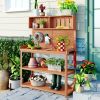 65" Large Wooden Farmhouse Rustic Outdoor Potting Bench Table; Patio Workstation; Garden Potting Bench with 4 Storage Shelves and Side Hook