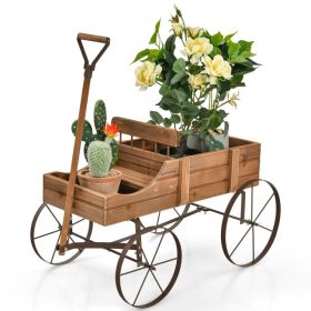 Wooden Wagon Plant Bed with Metal Wheels for Garden Yard Patio (Color: Brown)