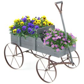 Wooden Wagon Plant Bed with Metal Wheels for Garden Yard Patio (Color: Gray)