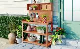 65" Large Wooden Farmhouse Rustic Outdoor Potting Bench Table; Patio Workstation; Garden Potting Bench with 4 Storage Shelves and Side Hook